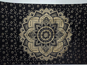 Bless International Indian Traditional Mandala Hippie Wall Hanging, Cotton Tapestry Ombre Bohemian Bedspread (Black Gold Flower Ombre)