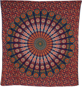 Bless International Indian Hippie Bohemian Psychedelic Peacock Mandala Wall Hanging Bedding Tapestry (Golden Red Green)