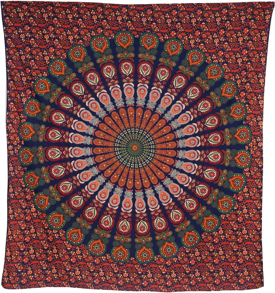 Bless International Indian Hippie Bohemian Psychedelic Peacock Mandala Wall Hanging Bedding Tapestry (Golden Red Green)