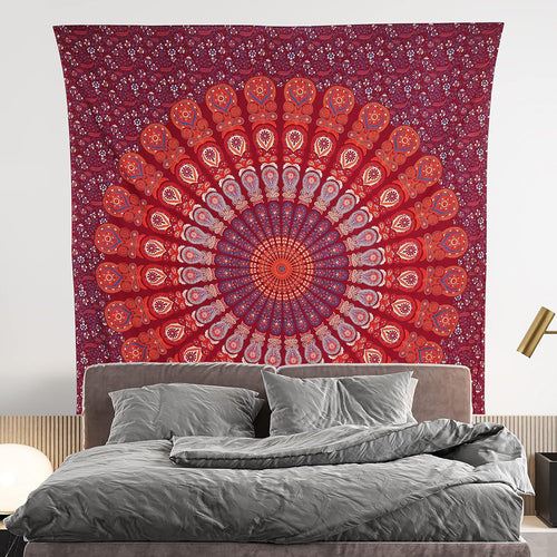 Hippie Bohemian Psychedelic Peacock Mandala Wall Hanging Bedding Tapestry (Blue Red)