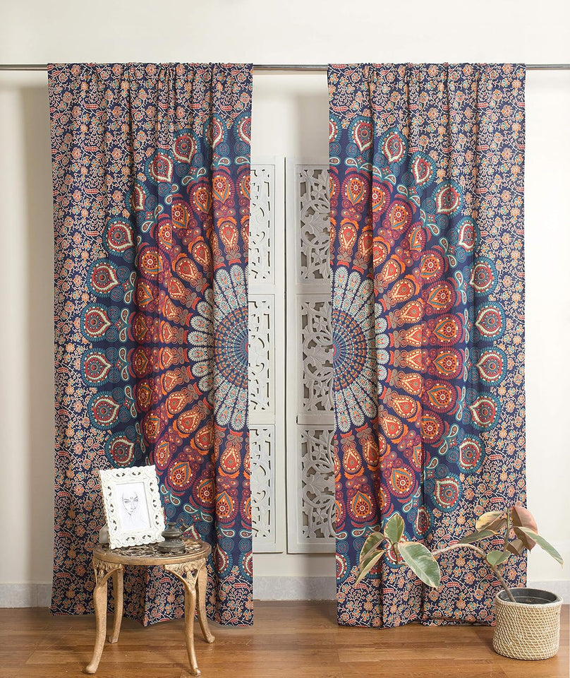 Bless International Beautiful Indian Bohemian Psychedelic Hippie Peacock Mandala Window Curtain Panels for Bedroom, Living, Balcony (Golden Blue)