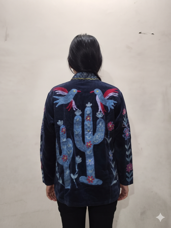 Handcrafted Navy Blue Velvet Cactus & Bird Suzani Embroidered Jacket