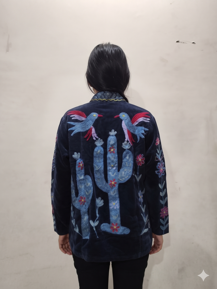 Handcrafted Navy Blue Velvet Cactus & Bird Suzani Embroidered Jacket