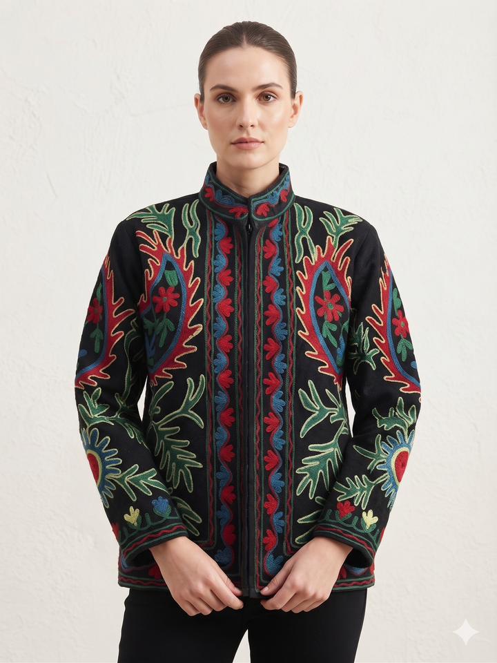 Handcrafted Black Velvet Floral & Paisley Suzani Embroidered Jacket