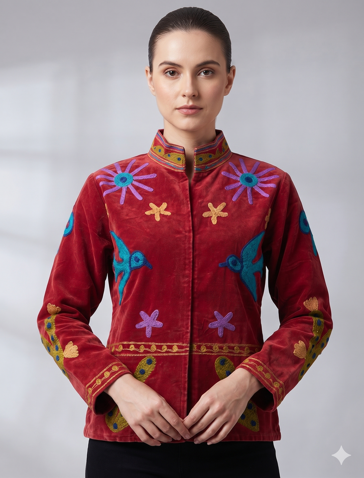 Handcrafted Red Velvet Bird Suzani Embroidered Jacket