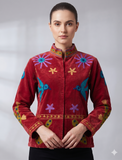 Handcrafted Red Velvet Bird Suzani Embroidered Jacket