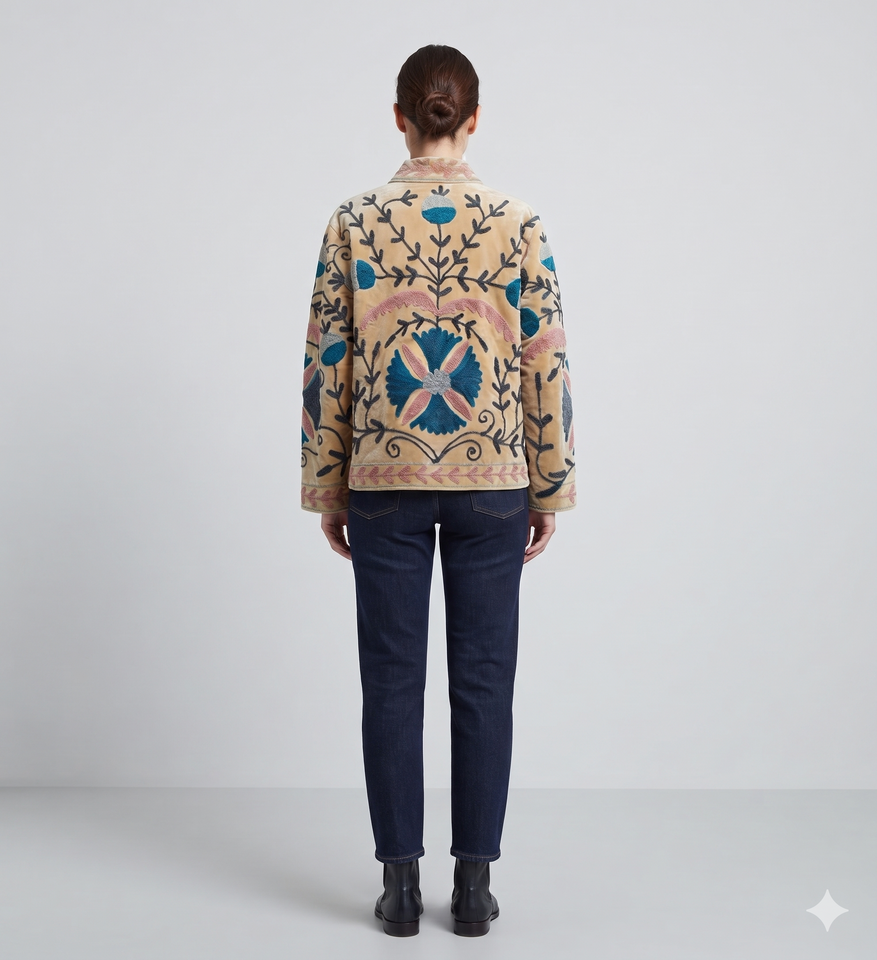 Custom Handmade Cream Velvet Suzani Embroidered Jacket