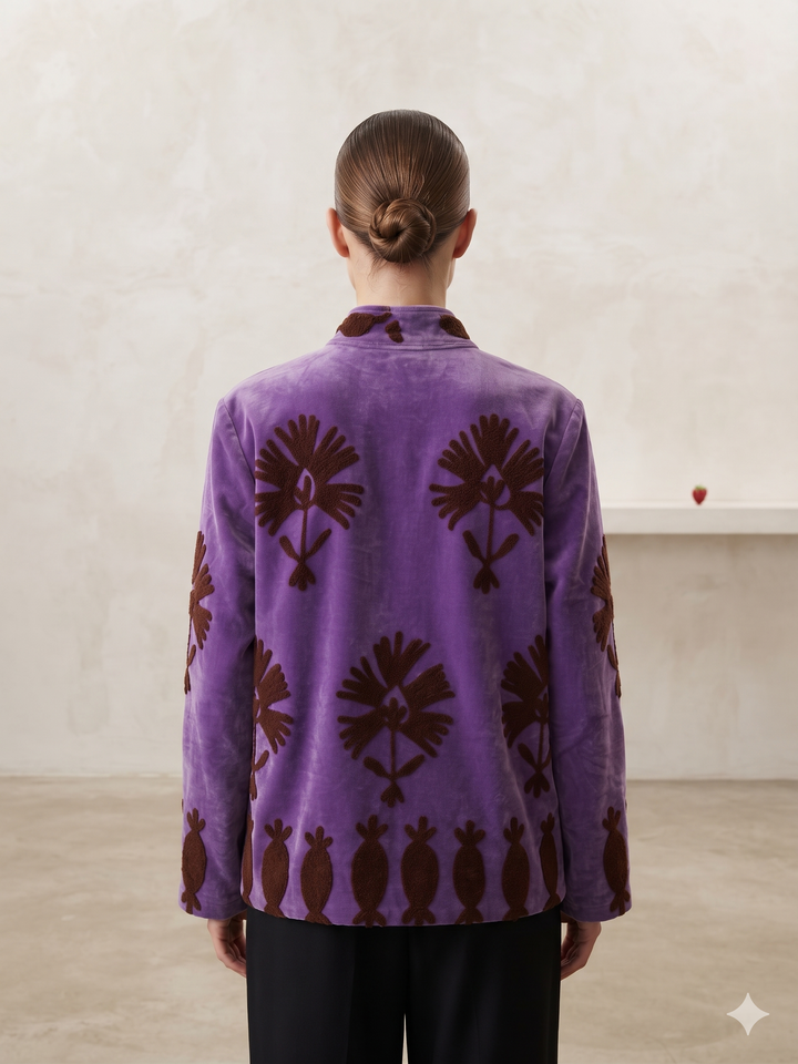Handcrafted  Purple Velvet Floral & Pod Suzani Embroidered Jacket