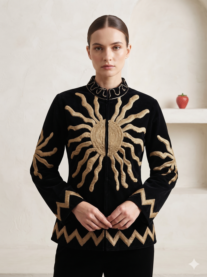 Handcrafted Black Velvet Gold Sun Suzani Embroidered Jacket