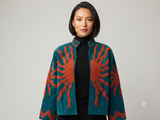 Handcrafted Turquoise & Orange Velvet Sun Embroidered Jacket