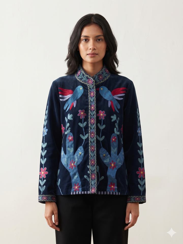 Handcrafted Navy Blue Velvet Cactus & Bird Suzani Embroidered Jacket