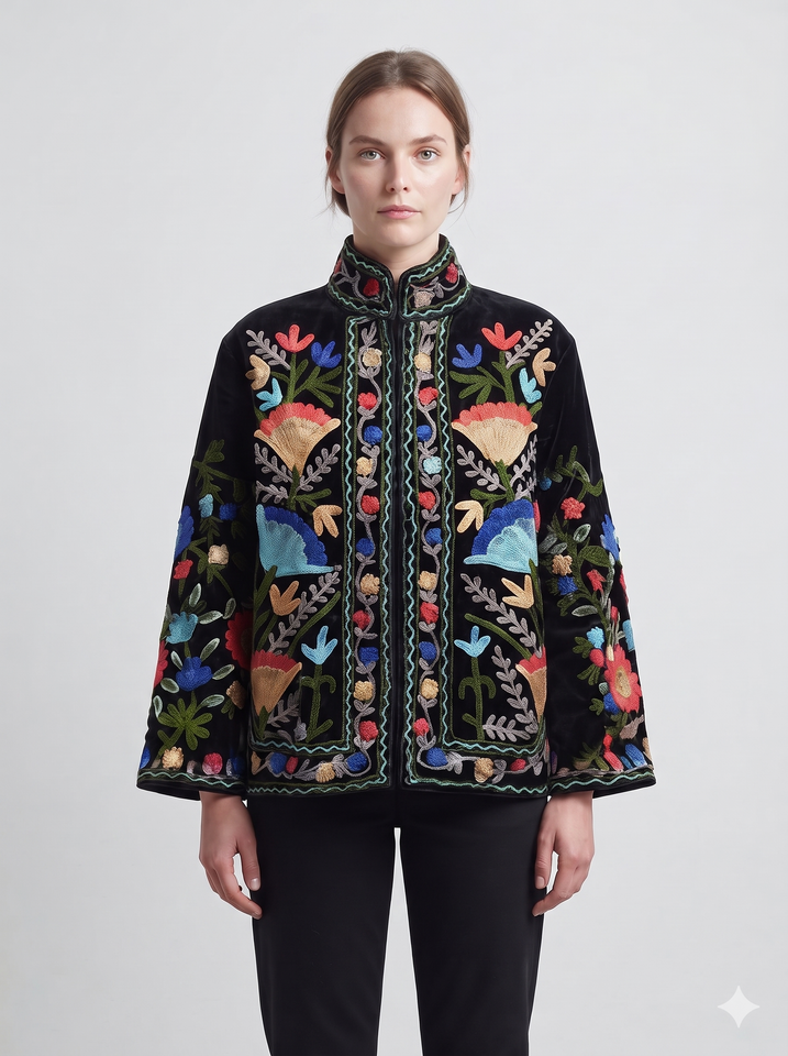 Handcrafted Black Velvet Suzani Embroidered Jacket