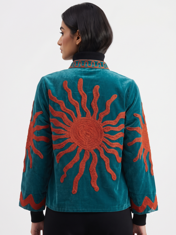 Handcrafted Turquoise & Orange Velvet Sun Embroidered Jacket
