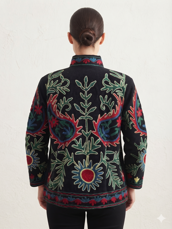 Handcrafted Black Velvet Floral & Paisley Suzani Embroidered Jacket
