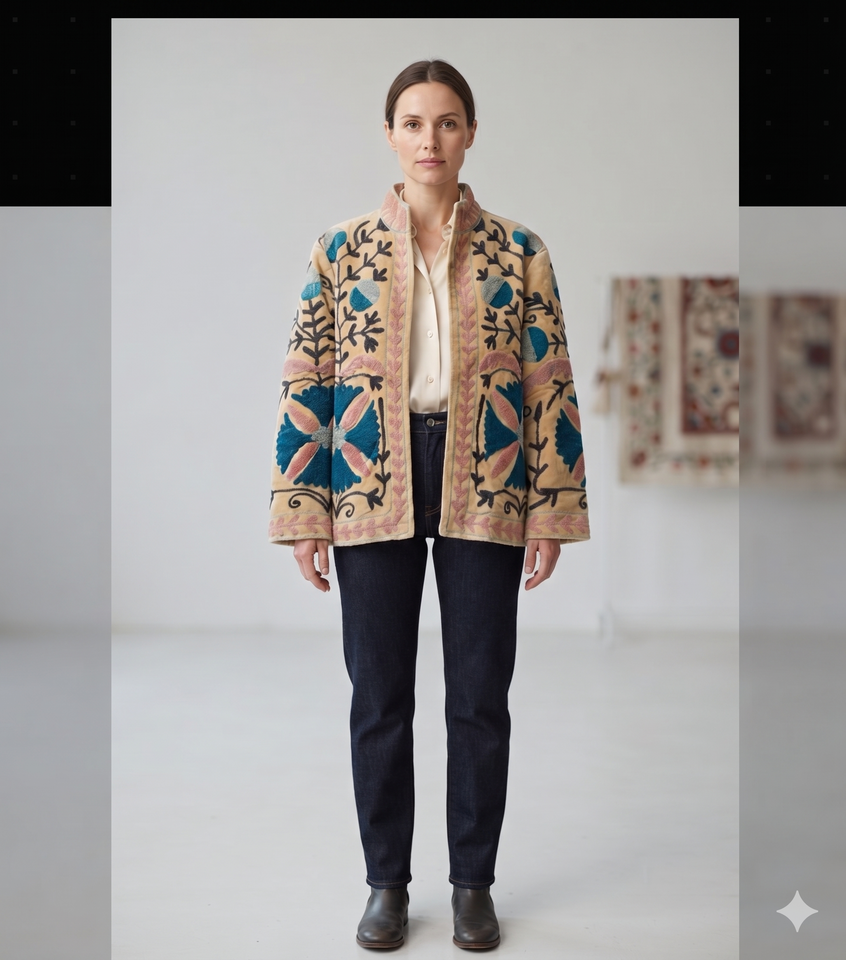 Custom Handmade Cream Velvet Suzani Embroidered Jacket