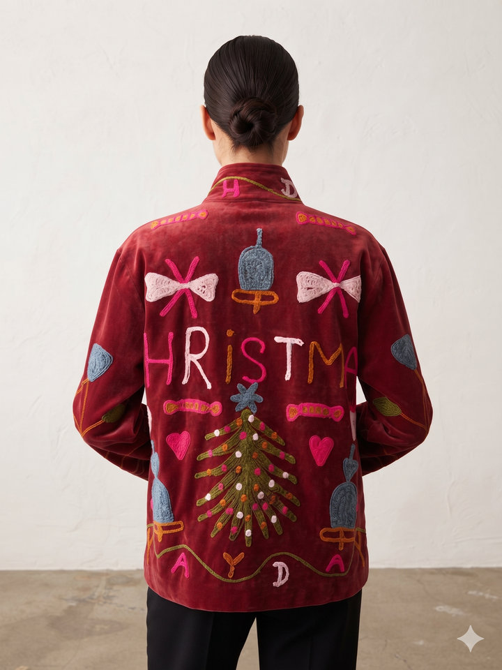 Handcrafted Maroon Velvet Christmas Santa Suzani Embroidered Jacket