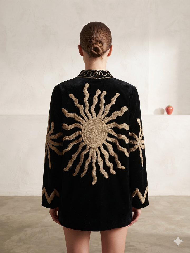 Handcrafted Black Velvet Gold Sun Suzani Embroidered Jacket