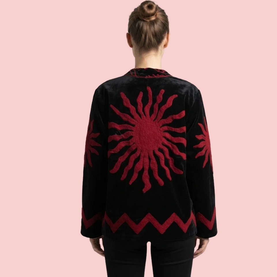Handcrafted Black Velvet Sun Suzani Embroidered Jacket