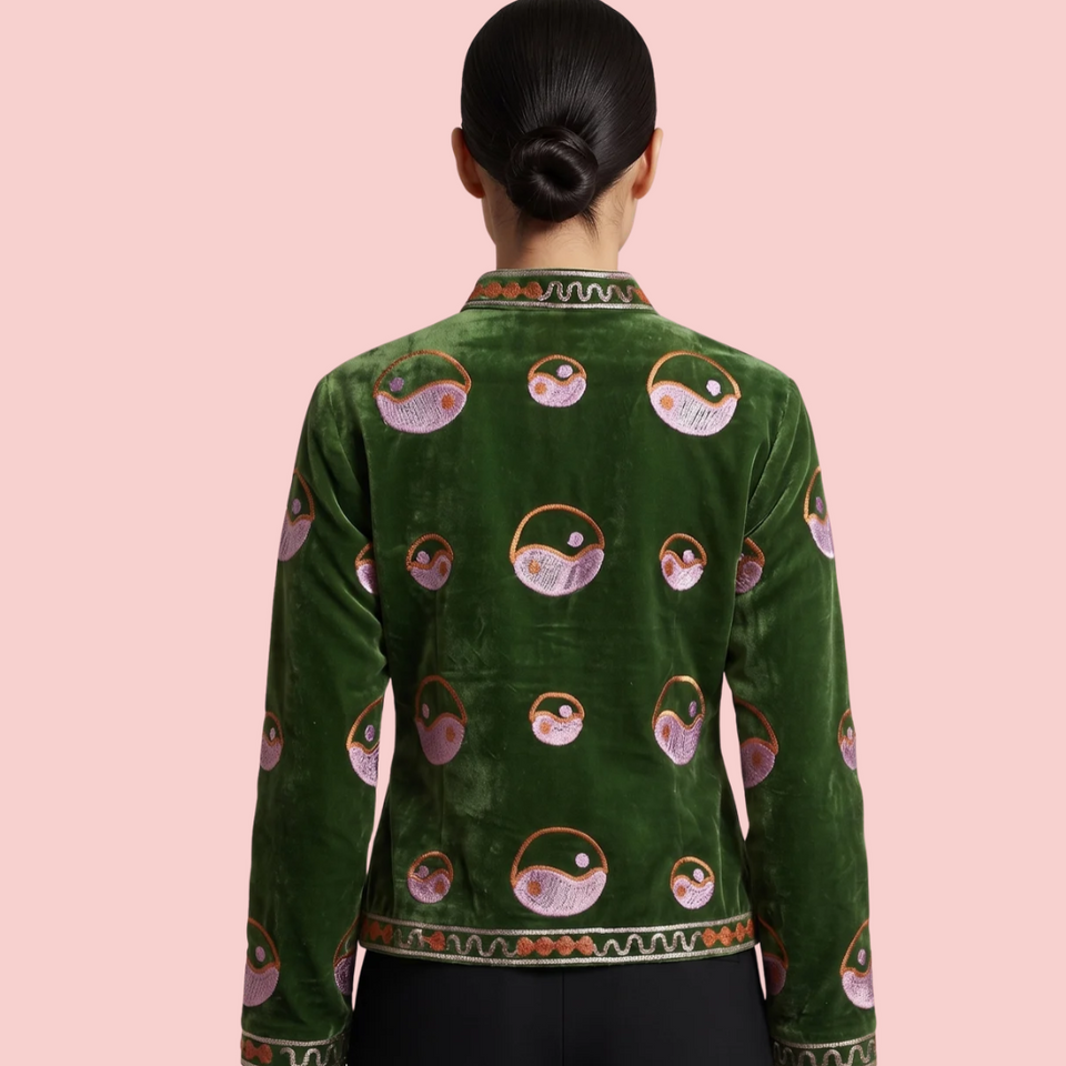 Handcrafted Green Velvet Pink Yin-Yang Suzani Embroidered Jacket