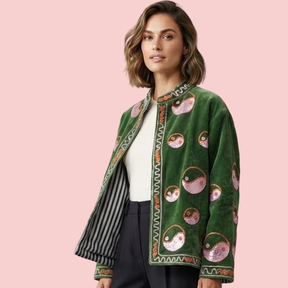 Handcrafted Green Velvet Pink Yin-Yang Suzani Embroidered Jacket