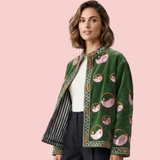 Handcrafted Green Velvet Pink Yin-Yang Suzani Embroidered Jacket