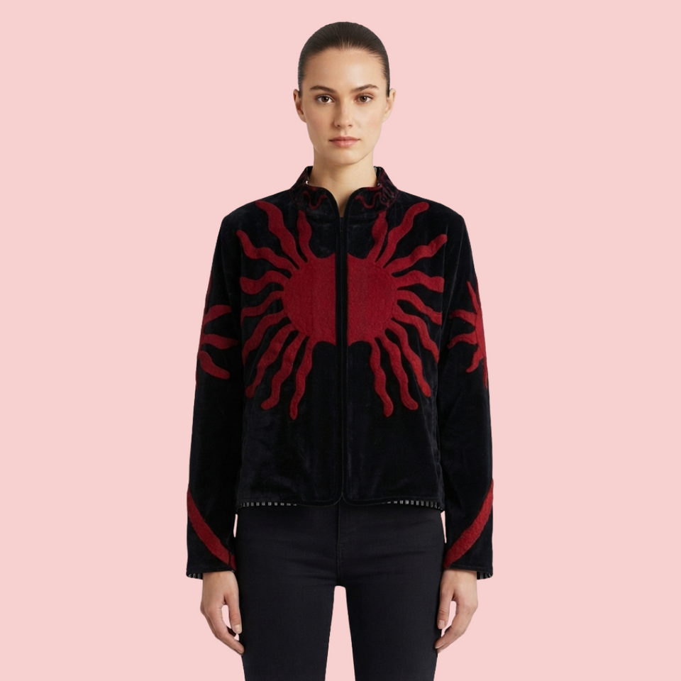Handcrafted Black Velvet Sun Suzani Embroidered Jacket