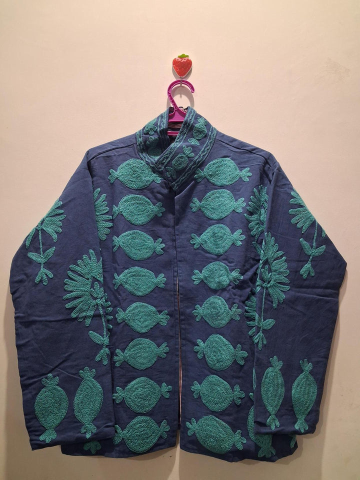 Hand Embroidered Navy Blue Floral Jacket