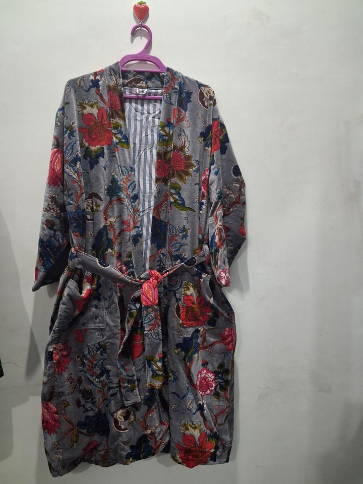 Handcrafted Printed Velvet Long Kimono Jacket