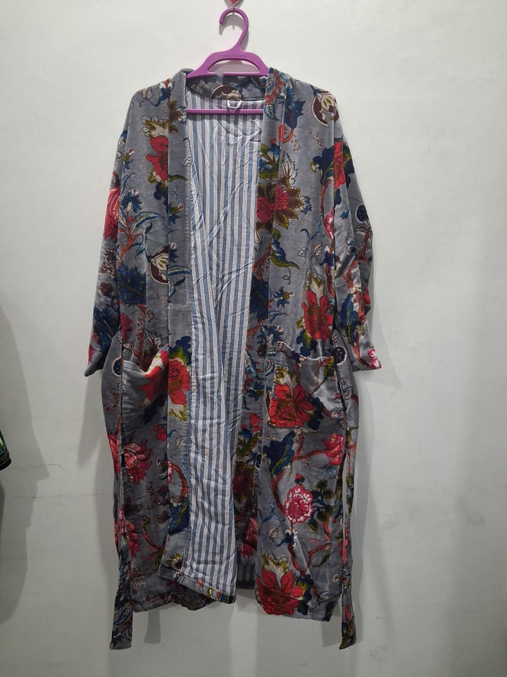 Handcrafted Printed Velvet Long Kimono Jacket