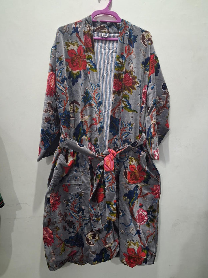 Handcrafted Printed Velvet Long Kimono Jacket