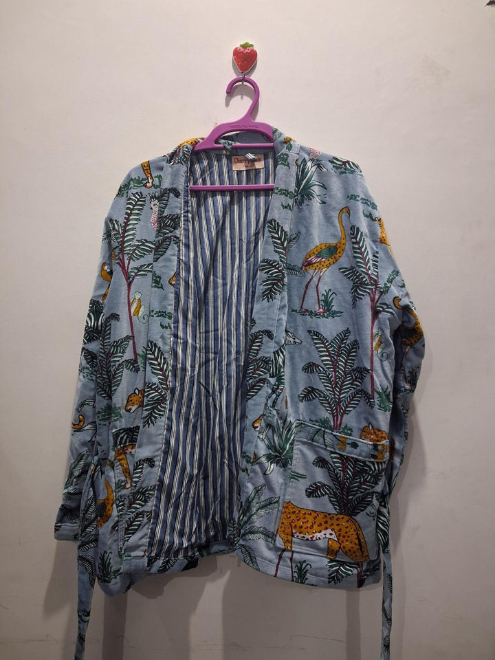 Luxury Blue Velvet Reversible Printed Kimono Jacket