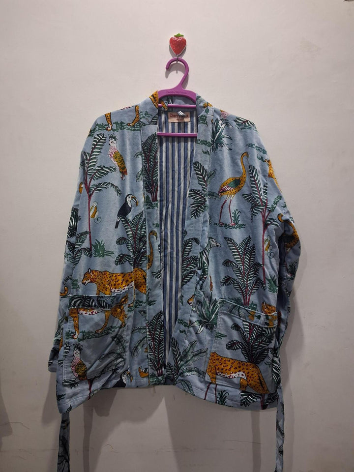 Luxury Blue Velvet Reversible Printed Kimono Jacket
