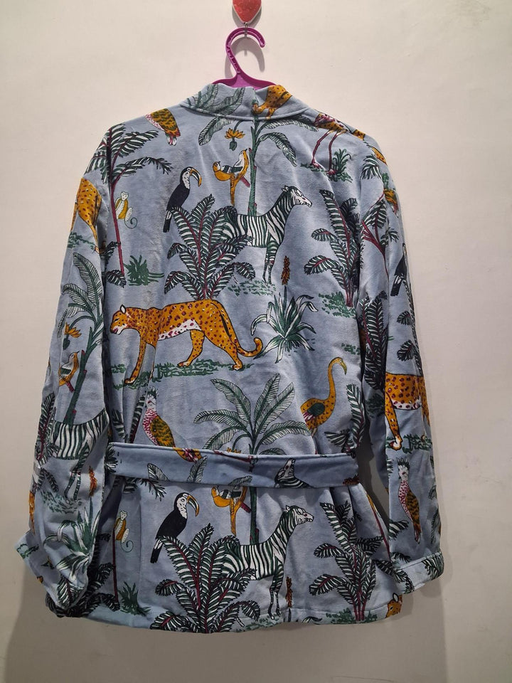 Luxury Blue Velvet Reversible Printed Kimono Jacket