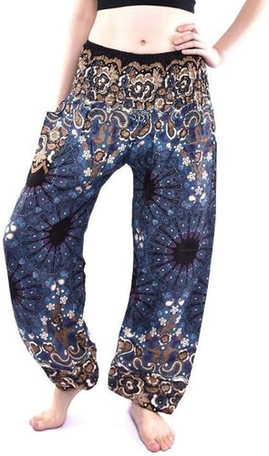 Bless International Women's Rayon Print Smocked Waist Boho Pant Harem Yoga Hippie Palazzo Summer Beach Pants