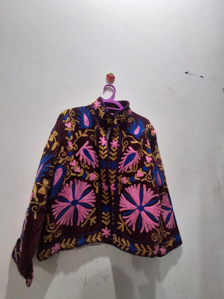 Handcrafted Maroon Velvet Floral Suzani Embroidered Jacket