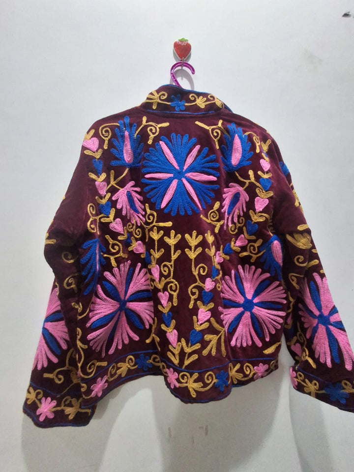 Handcrafted Maroon Velvet Floral Suzani Embroidered Jacket
