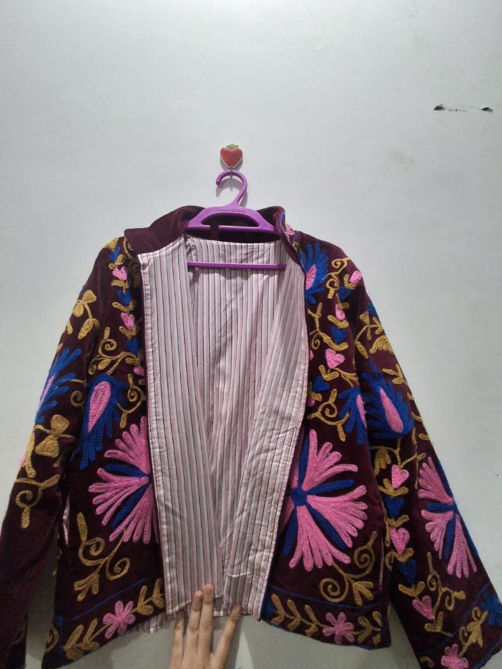 Handcrafted Maroon Velvet Floral Suzani Embroidered Jacket