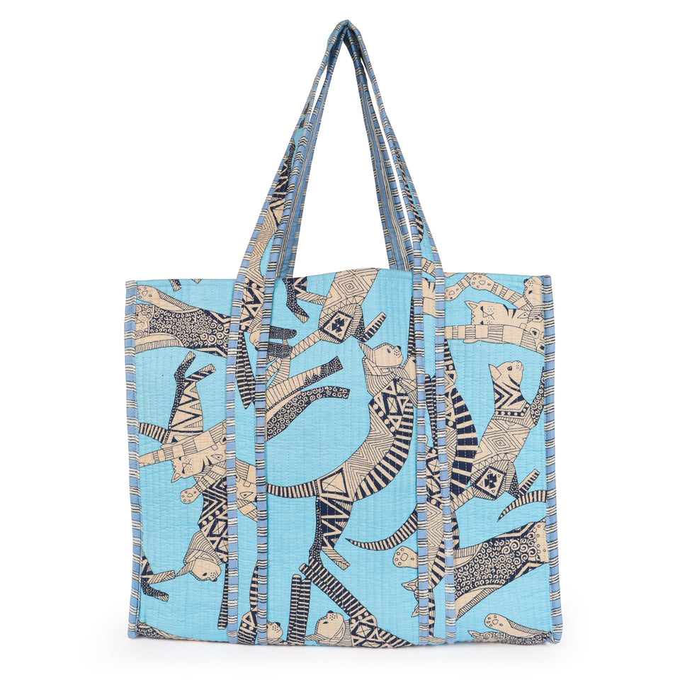 Quilted Reversible Shoulder Tote, Cotton Large Capacity (15 x 18 x 5.5 in) with Interior Pocket Beach, Shopping & Travel Unisex (Azure Safari)
