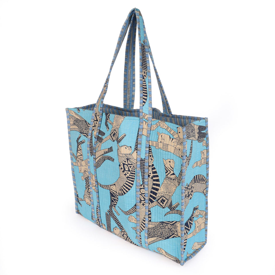 Quilted Reversible Shoulder Tote, Cotton Large Capacity (15 x 18 x 5.5 in) with Interior Pocket Beach, Shopping & Travel Unisex (Azure Safari)