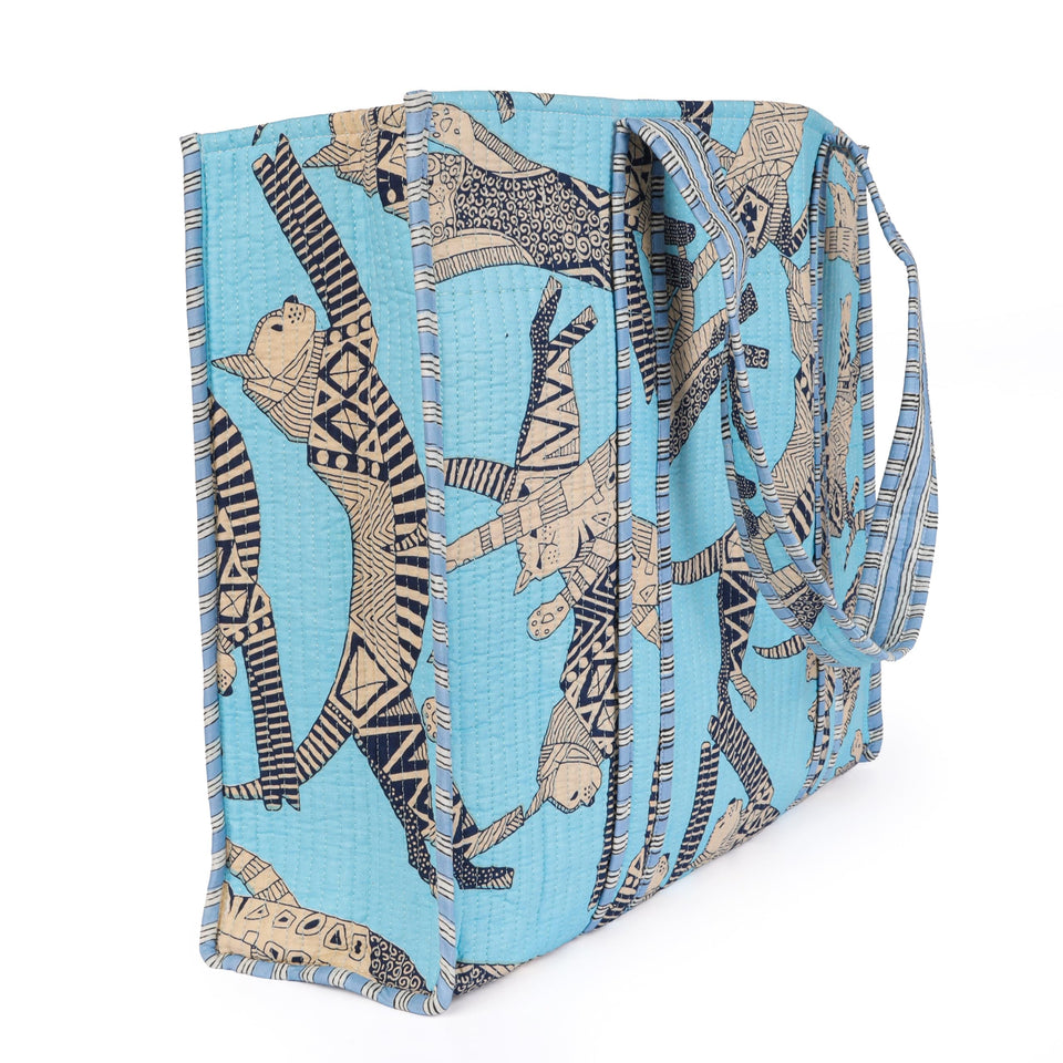 Quilted Reversible Shoulder Tote, Cotton Large Capacity (15 x 18 x 5.5 in) with Interior Pocket Beach, Shopping & Travel Unisex (Azure Safari)