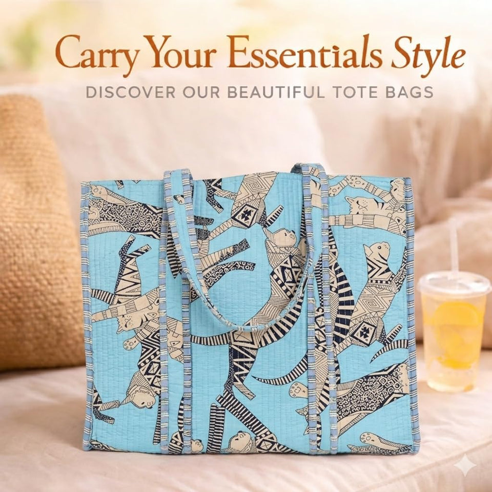 Quilted Reversible Shoulder Tote, Cotton Large Capacity (15 x 18 x 5.5 in) with Interior Pocket Beach, Shopping & Travel Unisex (Azure Safari)