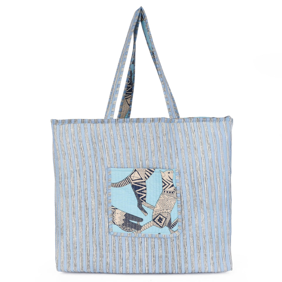 Quilted Reversible Shoulder Tote, Cotton Large Capacity (15 x 18 x 5.5 in) with Interior Pocket Beach, Shopping & Travel Unisex (Azure Safari)