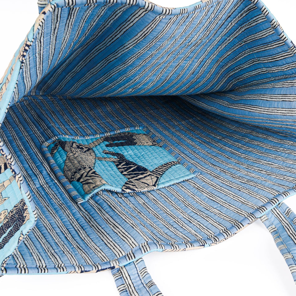 Quilted Reversible Shoulder Tote, Cotton Large Capacity (15 x 18 x 5.5 in) with Interior Pocket Beach, Shopping & Travel Unisex (Azure Safari)
