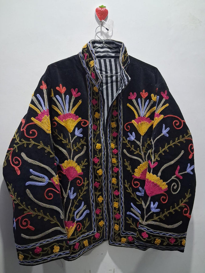 Handcrafted Black Velvet Suzani Embroidered Jacket