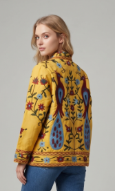 Handcrafted Yellow Velvet Peacock Suzani Embroidered Jacket
