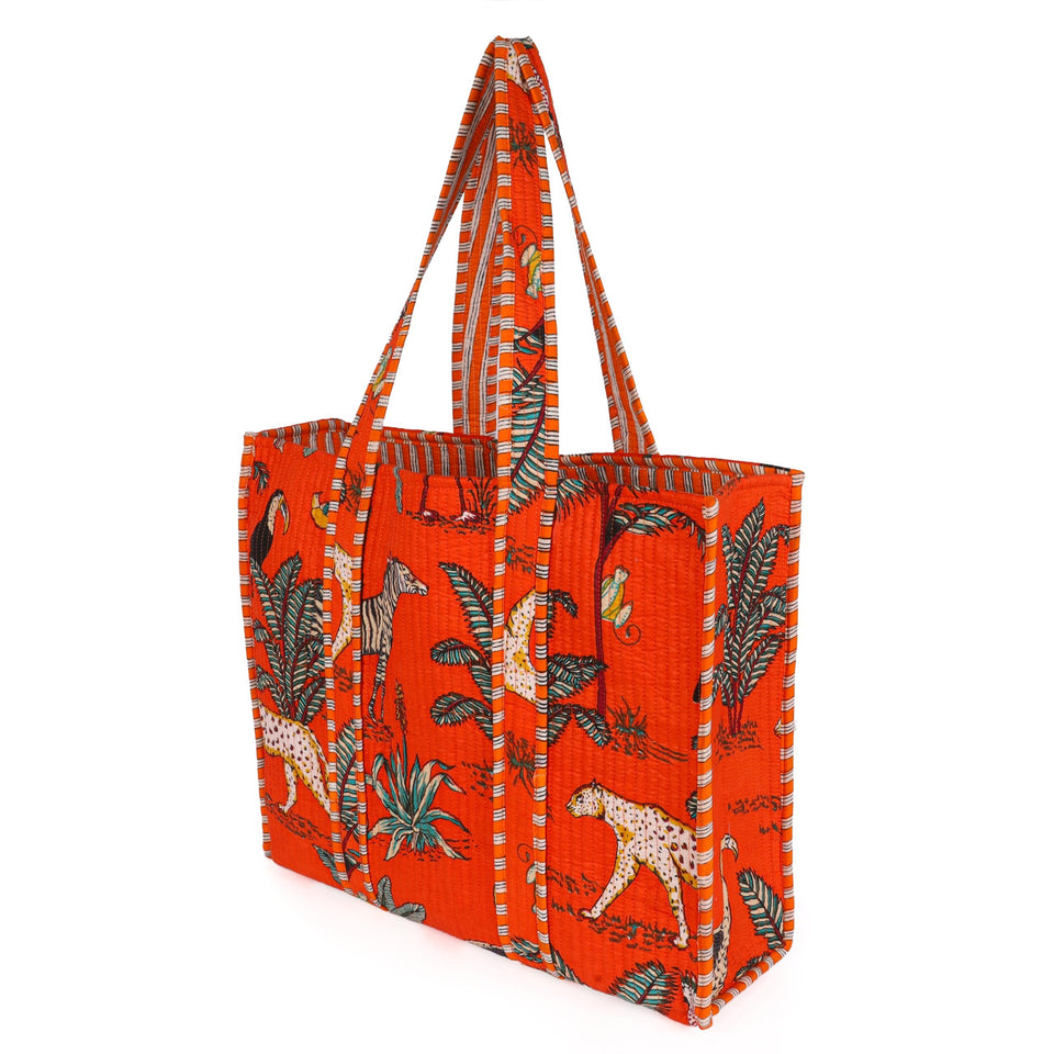 Quilted Reversible Shoulder Tote, Cotton Large Capacity (15 x 18 x 5.5 in) with Interior Pocket Beach, Shopping & Travel Unisex (Spice Safari)