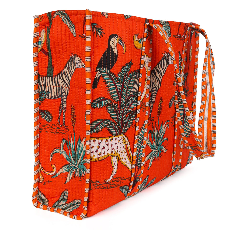 Quilted Reversible Shoulder Tote, Cotton Large Capacity (15 x 18 x 5.5 in) with Interior Pocket Beach, Shopping & Travel Unisex (Spice Safari)