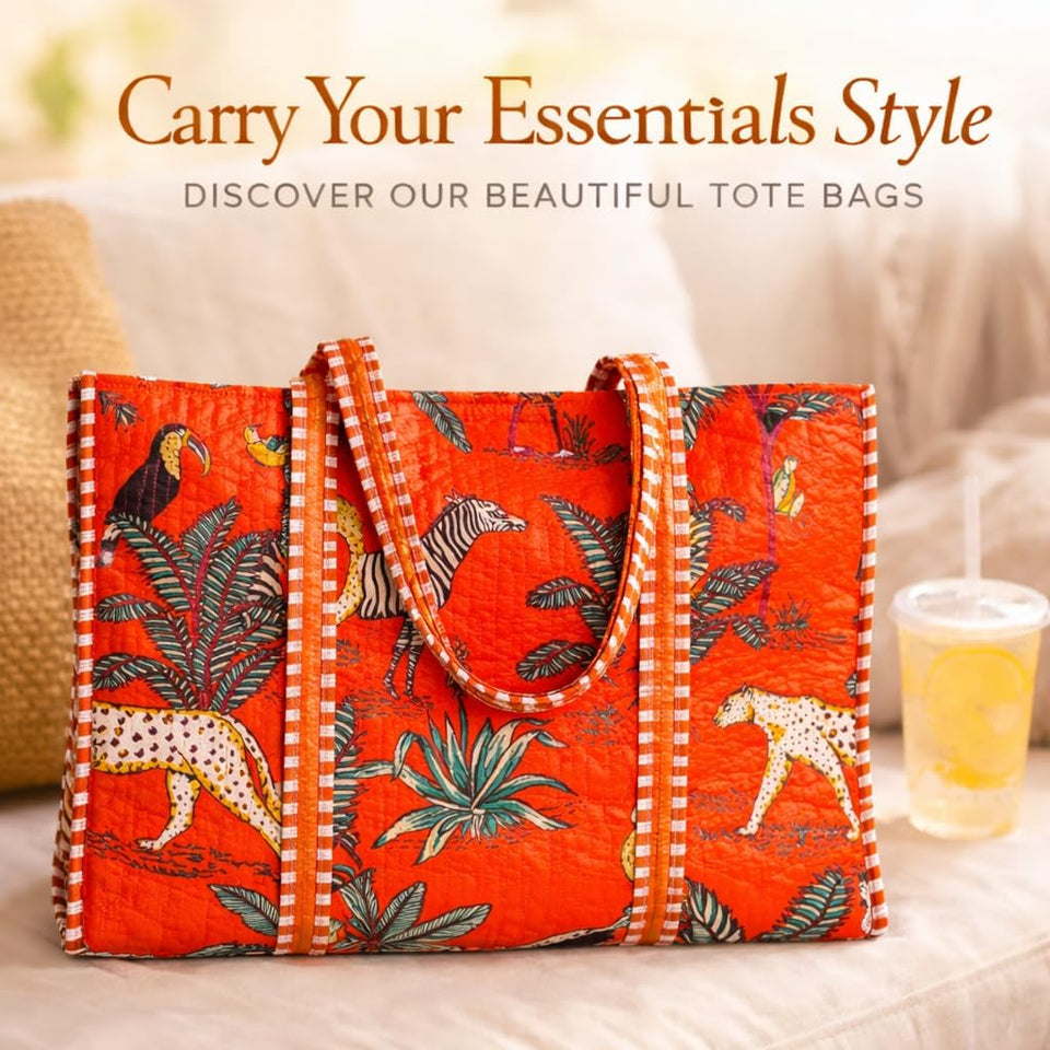 Quilted Reversible Shoulder Tote, Cotton Large Capacity (15 x 18 x 5.5 in) with Interior Pocket Beach, Shopping & Travel Unisex (Spice Safari)