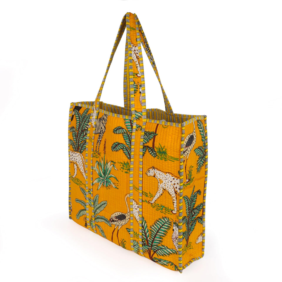 Quilted Reversible Shoulder Tote, Cotton Large Capacity (15 x 18 x 5.5 in) with Interior Pocket Beach, Shopping & Travel Unisex (Golden Safari)