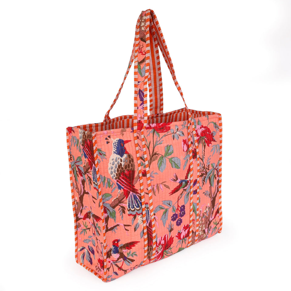 Quilted Reversible Shoulder Tote, Cotton Large Capacity (15 x 18 x 5.5 in) with Interior Pocket Beach, Shopping & Travel Unisex (Peach Blossom Bird)